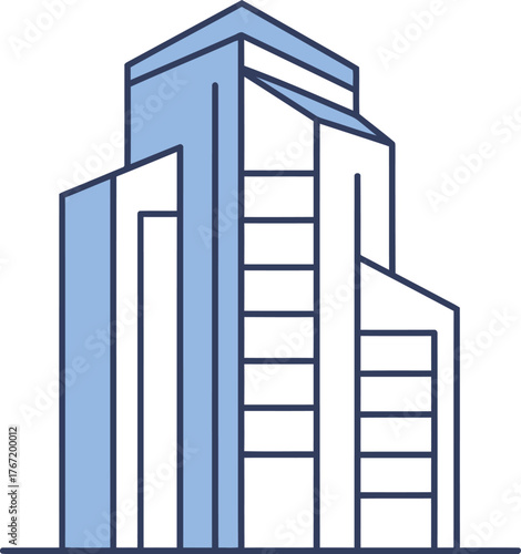 Modern stylized line art illustration of a tall contemporary office building with blue accents and clean geometric shapes on a white background