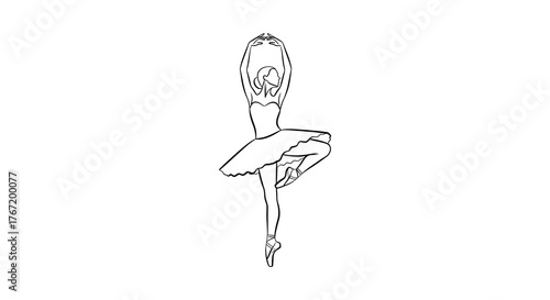 Elegant outline drawing of a ballerina performing a graceful arabesque pose on pointe shoes