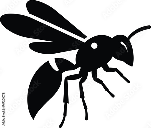 Silhouette of a black wasp in flight with intricate wing details against a stark white background symbolizing nature and insects