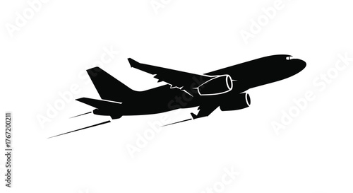 Silhouette of a modern commercial airplane taking off with contrails against a white background