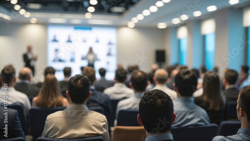 Rear View of Business People Meeting and Working while Business Executive Lead Presenter Speaks to Group of Successful Technology Entrepreneurs. Consultant Advisor. Growth Training Lecture