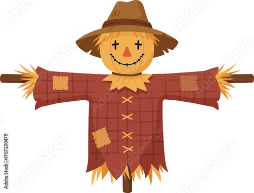 Friendly smiling scarecrow wearing a hat and a patched burlap shirt standing in a field on a sunny autumn day
