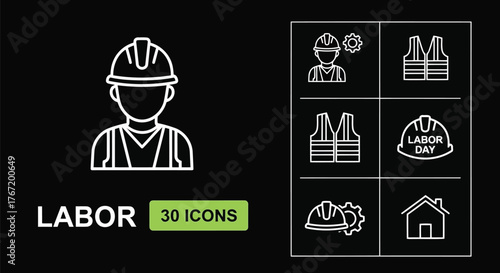 Vector illustration of labor day icon set featuring a worker in a hard hat and vest, representing various aspects of labor and work isolated on