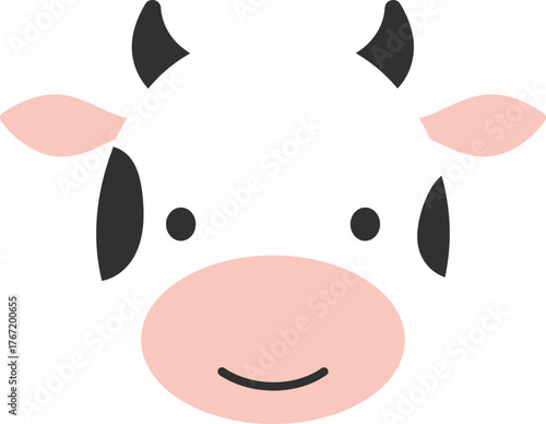 Cute cartoon cow face with pink cheeks and a happy smile on a white background simple illustration for children