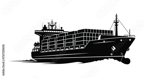 Modern cargo ship silhouette sailing through the ocean waves with containers stacked high