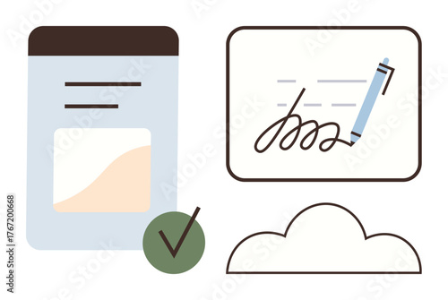 Document file, pen signing signature, cloud icon, and checkmark indicating verification. Ideal for digital contracts, authentication, online services, e-signatures, cloud storage business solutions