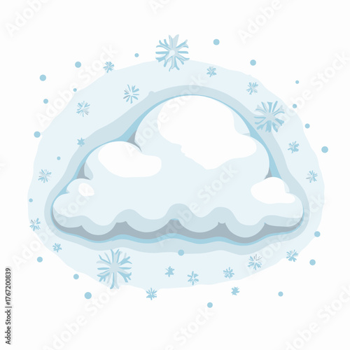 Cartoon depiction of a fluffy white cloud surrounded by falling snowflakes, illustrating winter weather.