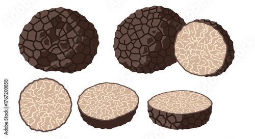 A collection of black truffles, whole and sliced, showcasing their distinctive outer texture and marbled interior pattern.