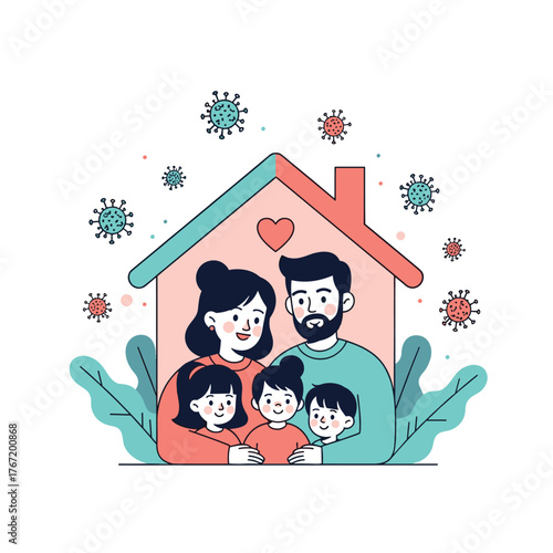 A loving family of five stays safely inside their home, symbolizing protection and security from external virus threats during a pandemic.