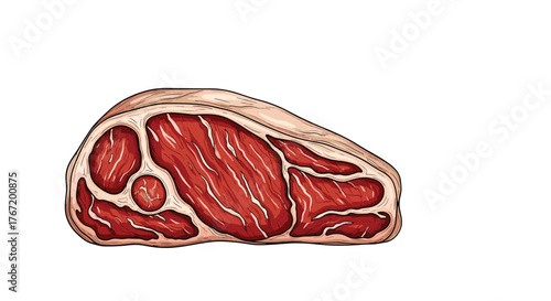 Illustration of a raw beef steak cut with visible marbling and fat layers on a white background.