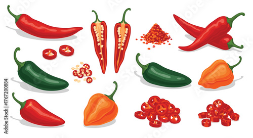 Assortment of chili peppers, including red, green, and orange varieties, shown whole, sliced, and crushed for culinary use.