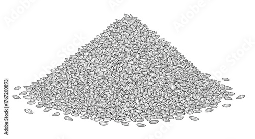Illustration of a large pile of seeds, depicted in a detailed black and white drawing style, isolated on a white background.