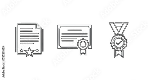 Vector illustration of line art illustration showcasing document, certificate, and medal, symbolizing achievement, recognition, and excellence
