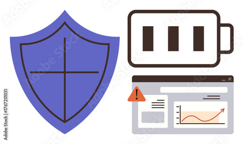 Blue shield for security, battery symbol representing energy, warning-marked data dashboard. Ideal for safety, energy, technology, monitoring, analysis protection visualization. Simple flat