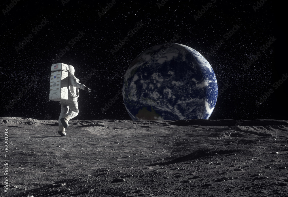Fototapeta premium Astronaut explores the moon's surface with Earth visible in the background during a space mission