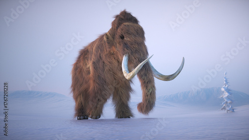 Fényképezés Mighty woolly mammoth stands in snowy landscape during the ice age, showcasing i