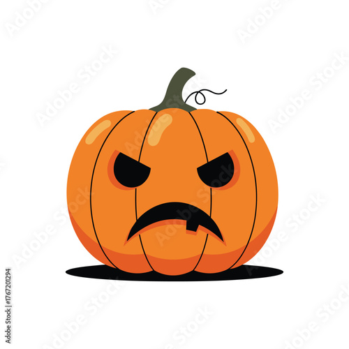 Grumpy Jack-o'-Lantern illustration with an orange pumpkin, angry eyes, and a frowning mouth sits on a black shadow.