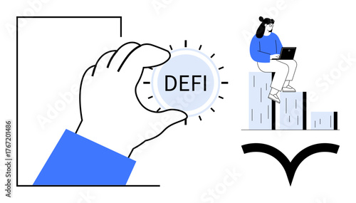 Hand holding a coin labeled DeFi with a woman using a laptop, sitting on bar graphs. Ideal for cryptocurrency, decentralized finance, tech, innovation, analytics, fintech investment. Simple flat