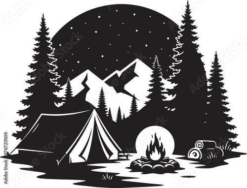 Black and White Illustration of a camping tent in the forest at night.
