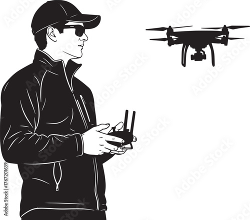 Drone pilot with remote control on white background. Vector illustration.