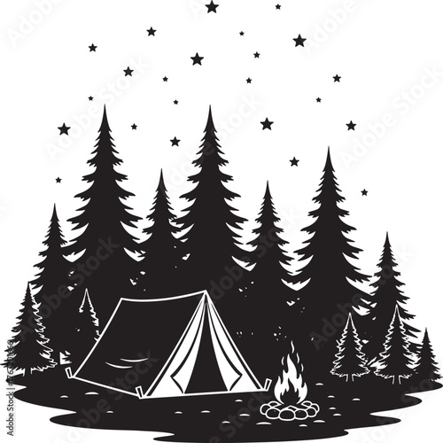 Black and White Illustration of a camping tent in the forest at night.