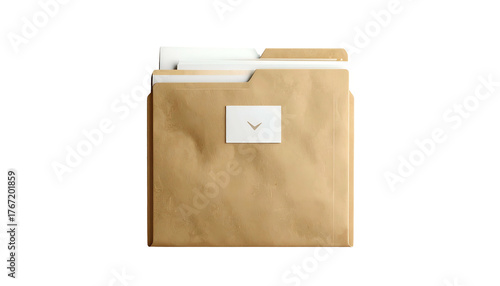 A brown paper file folder with documents, a white tag with a down arrow against black