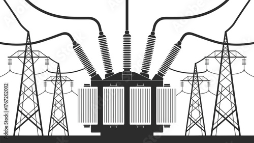 Black and white illustration of an electrical transformer and high-voltage power transmission towers for energy and electricity concept
