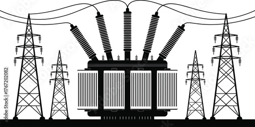 Black and white illustration of an electrical transformer and high-voltage power transmission towers for energy and electricity concept