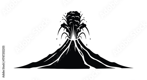 Abstract black ink splash eruption resembling a volcano with flowing lava on a white background