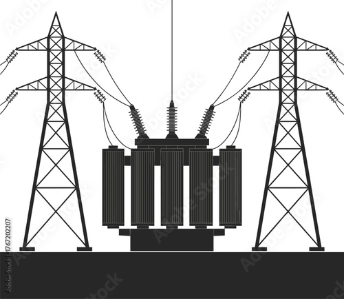 Black and white illustration of electrical power transformer with transmission towers representing energy distribution and industrial electricity infrastructure