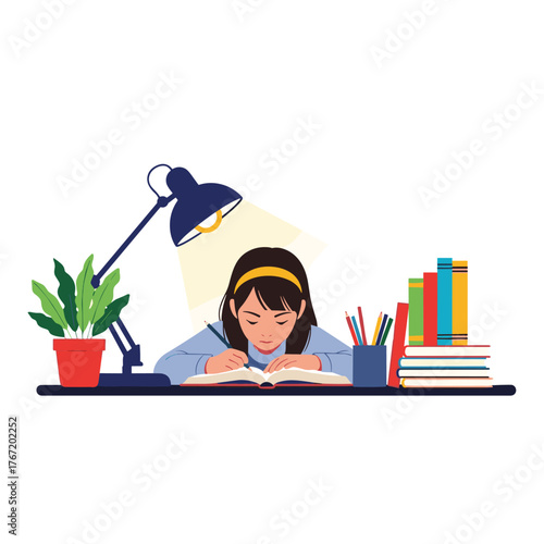 A young student focused on her studies at a desk with a lamp, books, and pencils illuminating her work.
