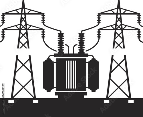 Black and white illustration of electrical power transformer with transmission towers representing energy distribution and industrial electricity infrastructure
