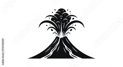 Stylized black silhouette of a volcano erupting with smoke and lava on a white background
