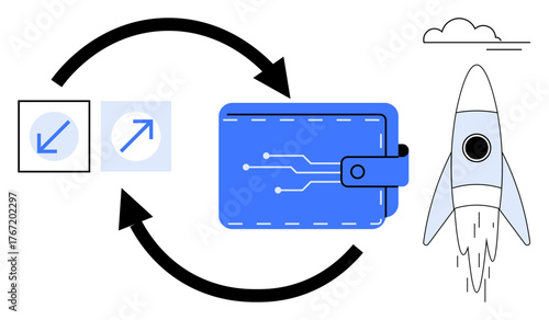 Rocket launching, digital wallet with circuit lines, bidirectional arrows indicating data flow. Ideal for finance, investment, technology, innovation, growth, cryptocurrency streamlined