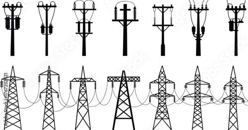 Black and white illustration of power line towers and electrical poles showing electricity transmission and distribution infrastructure design