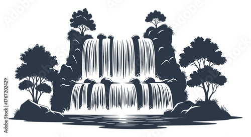Stylized silhouette of a majestic waterfall cascading down rocks surrounded by trees and reflected in water