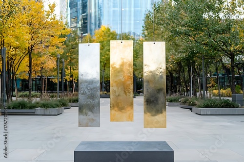 Reflective Art Installation in Urban Park Surrounded by Greenery and Modern Architecture