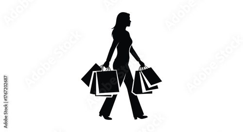 Silhouette of a woman walking with multiple shopping bags in each hand representing consumerism and retail therapy