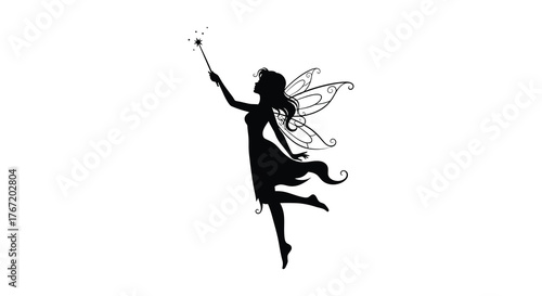 Silhouette of a magical fairy with delicate wings holding a sparkling wand in a graceful pose