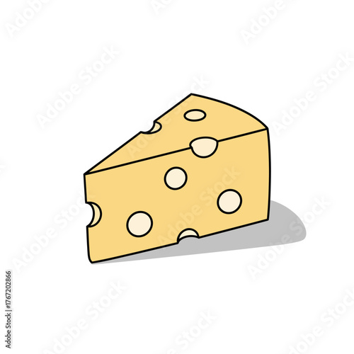 A triangular wedge of Swiss cheese, with several round holes, sitting on a white surface.