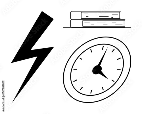 Lightning bolt symbolizing energy, clock representing time, and stacked books depicting knowledge. Ideal for concepts thumbs up power, time management, learning, study, productivity, focus