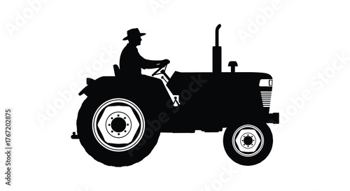 Silhouette of a farmer wearing a hat driving a vintage tractor on a white background