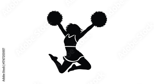 Silhouette of a dynamic cheerleader in mid air with pom poms raised high in a celebratory pose