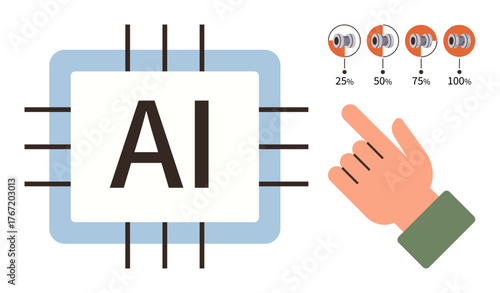 Human hand interacting with AI processor and volume levels, emphasizing control, sound settings, and technology. Ideal for tech advancement, machine learning, automation, interaction, sound