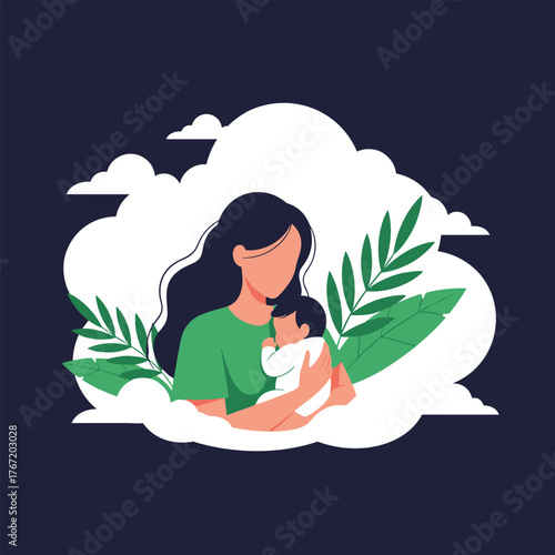 Mother's gentle embrace of her newborn, surrounded by organic elements and soft clouds, illustrating the pure bond of motherhood.