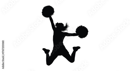 Silhouette of a female cheerleader jumping with pom poms in the air against a white background