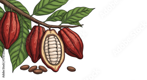 Illustration of cocoa pods on a branch with leaves and beans, some pods are opened to show seeds.