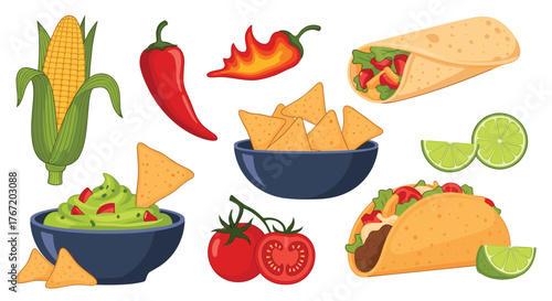 A vibrant illustration showcases a collection of popular Mexican foods, including tacos, burritos, guacamole, and chili peppers.