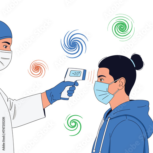 Person in protective gear using infrared thermometer to check temperature of person wearing face mask.