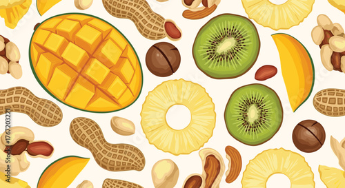 Vibrant assortment of fresh fruits and nuts in a delightful pattern, perfect for healthy eating and nutritious snacks concept.